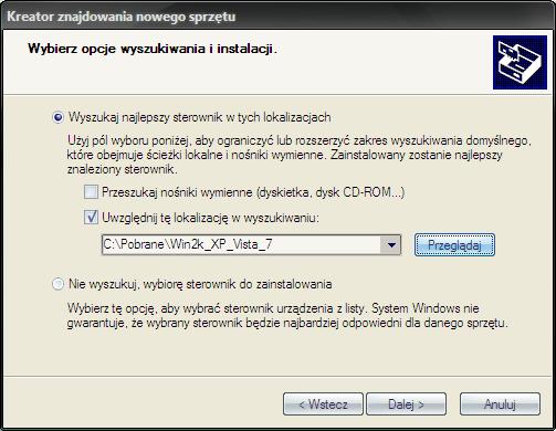 przykładowa lokalizacja sterowników Rys. 5.2 Lokalizacja sterownika urządzenia (Windows XP) Po poprawnym zainstalowaniu urządzenia wyświetlony zostanie stosowny komunikat (Rys. 5.3) oraz włączona zostanie dioda ON, umieszczona w górnej części obudowy konwertera, sygnalizująca gotowość urządzenia do pracy.