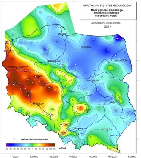 ZASOBY GEOTERMALNE Gęstość strumienia cieplnego ziemi w Polsce waha się od około 40 do 105 mw/m 2.