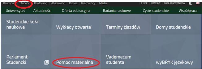 Po wejściu przez zakładkę STUDENCI - > POMOC MATERIALNA Tutaj umieszczone są ogólne informacje na