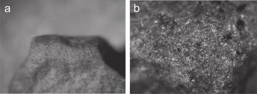 : a rounding of the working edge observed on a quartz porphyry end-scraper (x10, ob. 10), b generic weak linear polish observed on quartz porphyry tool (x125, ob. 10) Ryc. 9. Ludowice, gm.