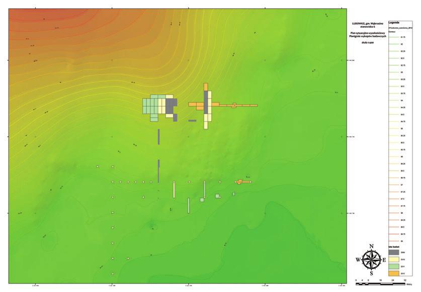 przemysł ze skał niekrzemiennych w mezolicie ziem polskich? 147 Ryc. 2. Ludowice, gm. Wąbrzeźno, stan. 6. Plan sytuacyjno-wysokościowy stanowiska z naniesionymi wykopami badawczymi Fig. 2. Ludowice site 6, Wąbrzeźno comm.