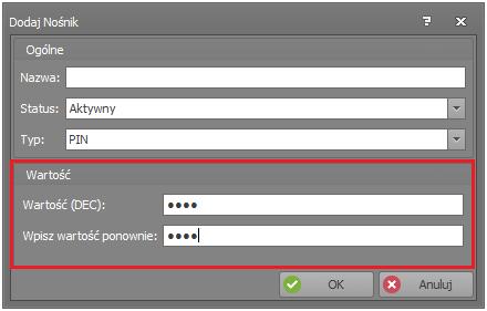 W przypadku kodu PIN zamiast typu Karta zbliżeniowa 40 bit