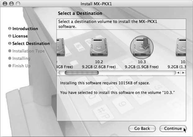 MAC OS X (v10.3.3 do 10.4) 7 Pojawi si okno umowy licencyjnej. Zapoznaj si z ni, a nast pnie kliknij przycisk [Continue].