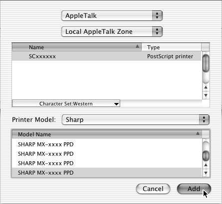 Kliknij [Add]. (1) Wybierz [AppleTalk]. Je li wy wietlonych zostanie kilka obszarów AppleTalk, nale y wybrać obszar, do którego nale y dana drukarka. (2) Kliknij nazw modelu urz dzenia.