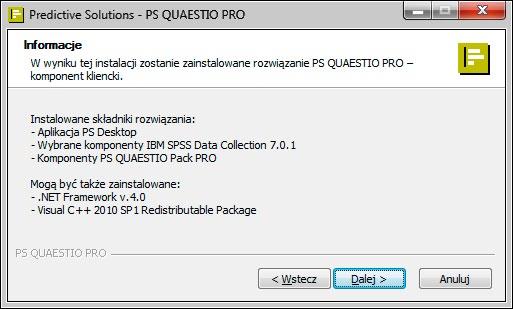 dostarczanego przez Predictive Solutions. W następnym kroku instalator przechodzi do wyboru programów instalowanych w ramach pakietu IBM SPSS Data Collection Desktop.