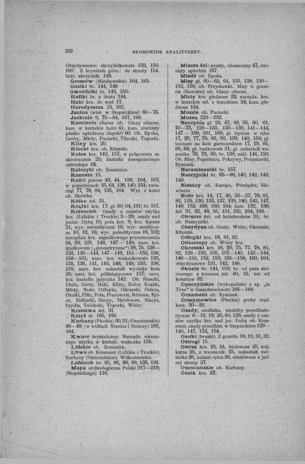 252 SKOROWIDZ ANALITYCZNY. Obsydyanowe: skrzydcłkowate 133, 150. 160. Z kryształu górn.: do strzały 154. Szkl. skrzydełk. 148. Gruszów (Miechowskie) 164, 165. Guziki br. 144, 148 Gwoździki br.