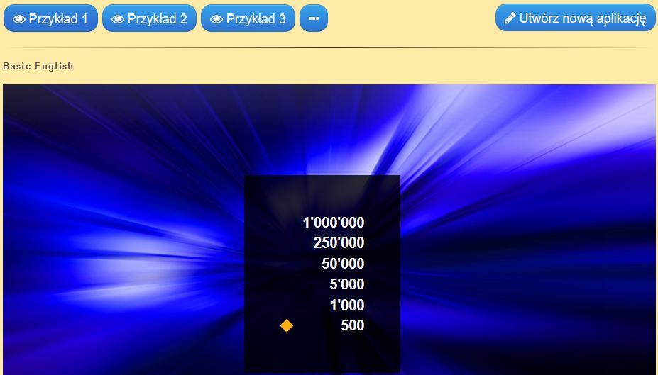 [17/20] Tworzenie krzyżówek, gier edukacyjnych Podobnie jak w krzyżówce po wybraniu aplikacji Milioner wyświetlają się automatycznie trzy przykładowe gry.