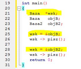 Jeżeli teraz w funkcji main stworzymy wskaźnik do obiektu typu Baza, to możemy ten wskaźnik ustawiać na dowolne