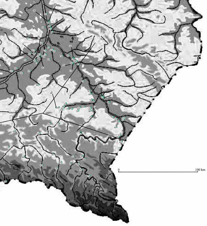 Ryc. 1. Rozmieszczenie stanowisk na analizowanym obszarze. Numeracja według tabeli 1 Abb. 1. Verteilung der Fundstellen auf dem analysierten Gebiet.