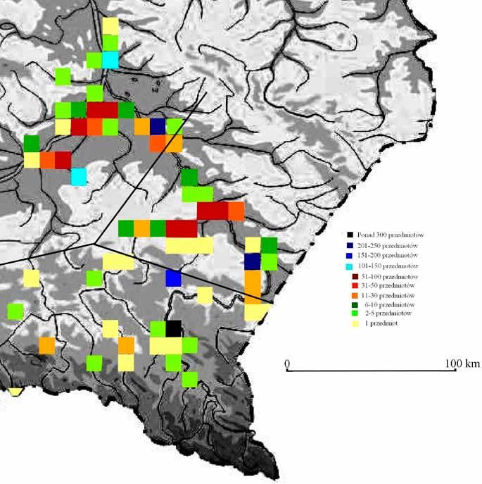 Ryc. 2. Ogólna gęstość występowania przedmiotów z brązu Abb. 2. Allgemeine Vorkommendichte der Bronzegegenstände piskiem centralnym a północnym, a ogólna liczba stanowisk jest tutaj bardzo zbliżona (36 centrum i 45 północ).
