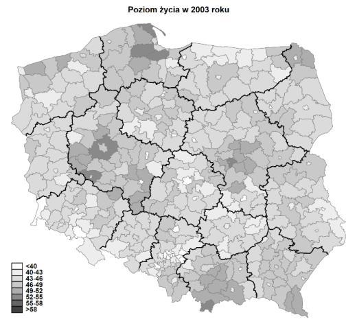 Ranking poziomu życia w powiatach w latach 2003 2012 z uwzględnieniem 165 przez spadki zaobserwowane w roku 2009 i 2011.