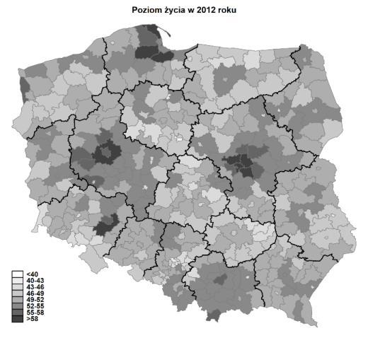 Charakterystyki rozkładu miernika poziomu życia w poszczególnych latach Rok x Miernik syntetyczny poziomu życia w powiatach [%] s V min c 25 Me c 75 max 2003 44,9 3,4 8% 33,2 43,0 45,1 47,1 54,8 2004