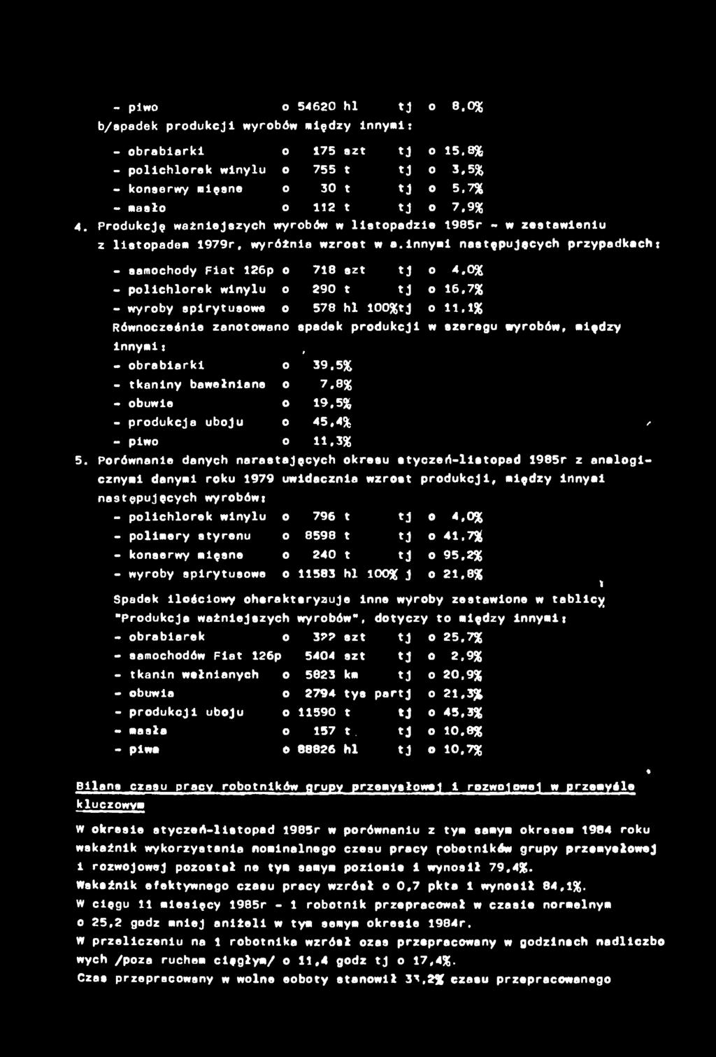 nnym następujęcych przypadkach: - samochody Fat 26p o 78 szt tj o 4,0% - polchlorek wnylu o 290 t tj o 6,7% - wyroby sprytusowe o 578 hl 00%tj o,% Równocześne zanotowano spadek produkcj w szeregu