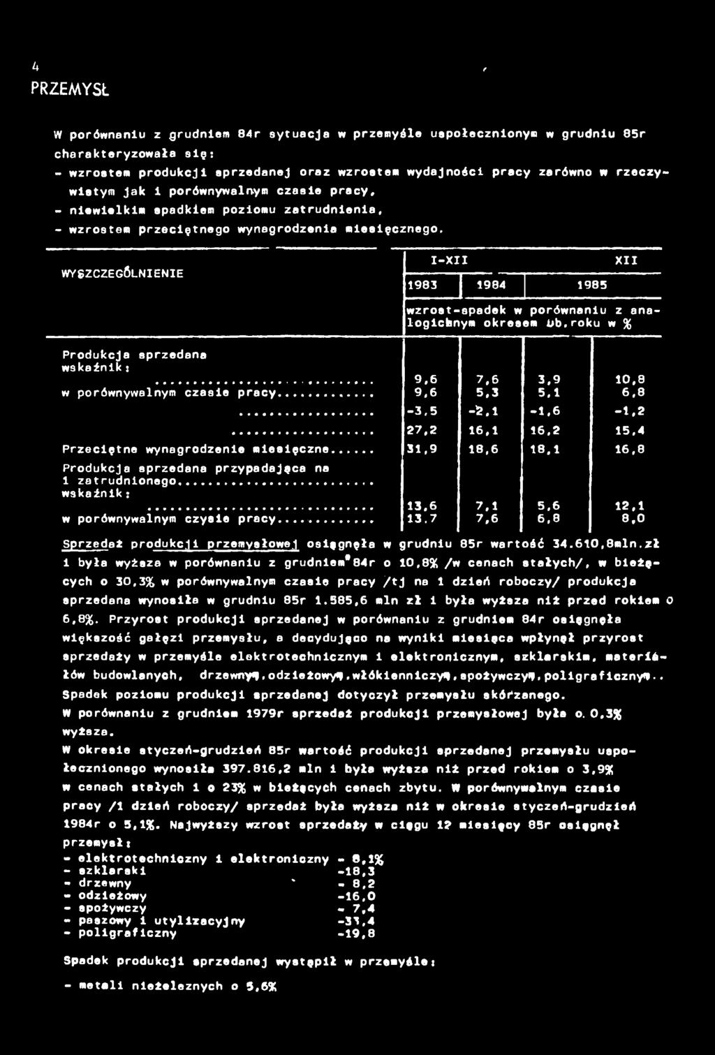 h PRZEMYSŁ r W porównanu z grudnem 84r sytuacja w przemyśle uspołecznonym w grudnu 85r charakteryzowała sę: - wzrostem produkcj sprzedanej oraz wzrostem wydajnośc pracy zarówno w rzeczywstym Jak