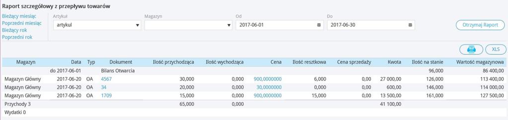 Raport szczegółowy z ruchów na magazynie zawiera wszystkie operacje na danej pozycji magazynowej przyjęcia I wydania z ilością oraz ceną Wartość netto magazynu jest przeliczana według zasady FIFO,