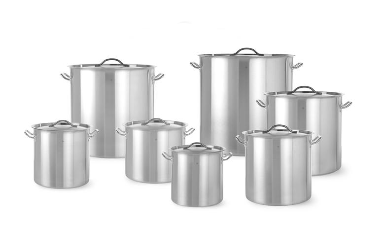 Garnki wysokie REVOLUTION z pokrywkami Konstrukcja dna typu sandwich (stal nierdzewna/aluminium/stal nierdzewna 18/0) łączy w sobie