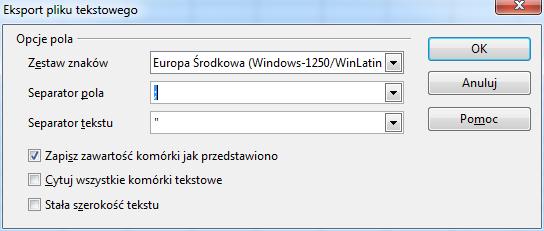 W następnym oknie ustawiamy Zestaw znaków: Europa Środkowa (Windows-