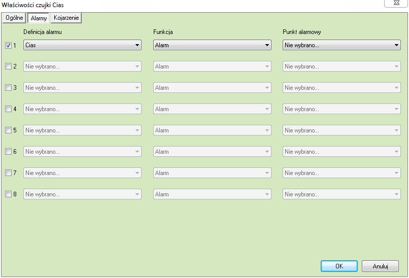 7.1.2.2 Alarmy Można załączyć do 8 alarmów i przypisać różne funkcje oraz punkty alarmowe Funkcje które mogą być wykorzystane dla alarmu z czujki: Alarm, Sabotaż, Uszkodzenie, Prealarm. 7.1.2.3 Kojarzenie Na zakładce Kojarzenie istnieje możliwość przypisania do czujki grafik i programów, które będą uruchamiane po powstaniu zdarzenia alarmowego.