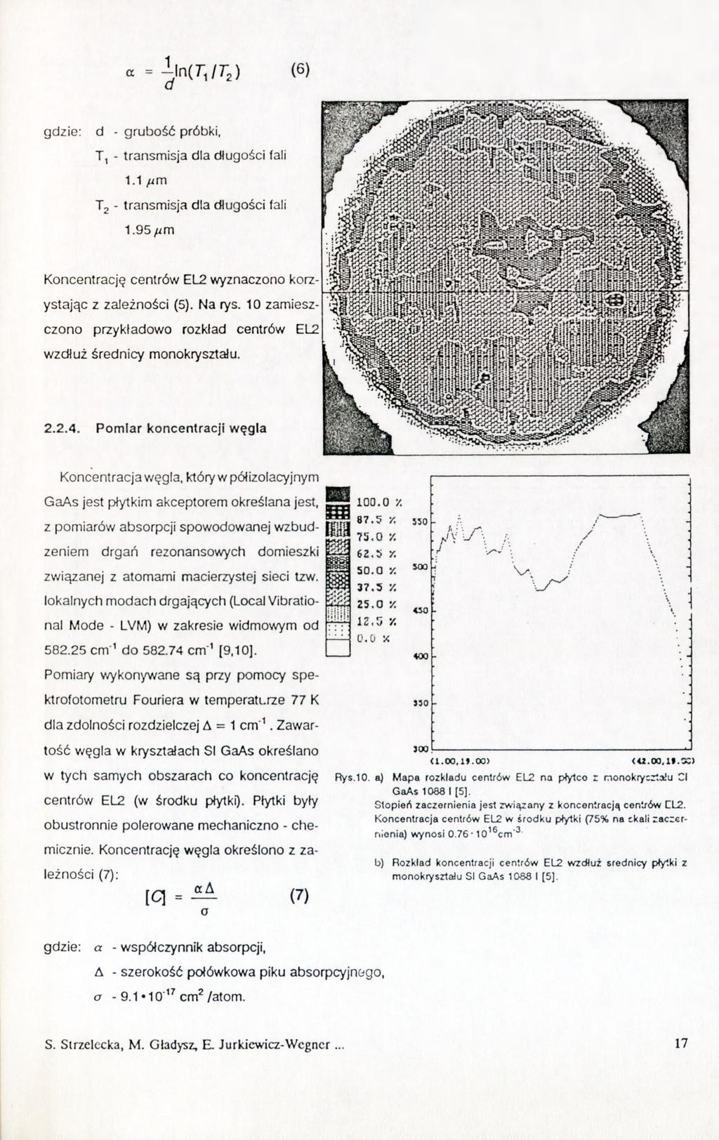 a = -^ąrjt,) (6) a gdzie: d - grubość próbki, T, - transmisja dla długości fali 1.1 fim T j - transmisja dla długości fali 1.95//m Koncentrację centrów EL2 wyznaczono korzystając z zależności (5).