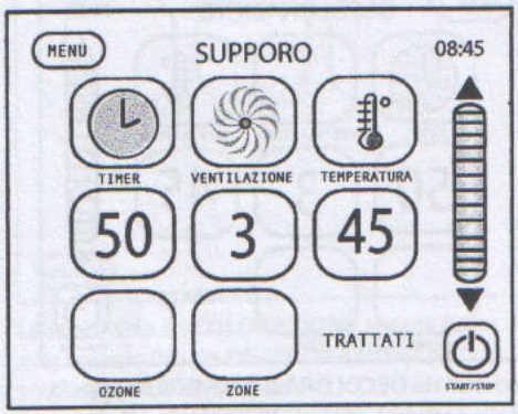 Ekran SUPPORT _ TREATIES (regeneracja włosy farbowane), wyświetli się po wybraniu tej funkcji z menu SUPPORT. Przyciskając któryś z przycisków (czas, nawiew, temperatura) można zmienić parametry.