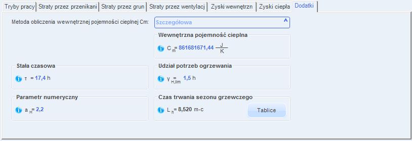 Opis obliczeń sezonowego zapotrzebowania na ciepło na cele ogrzewania i wentylacji - Mniej niż 12 h na dobę wtedy do wzorów podstawiamy a o =0,8 i o =70 WEWNĘTRZNA POJEMNOŚĆ CIEPLNA BUDYNKU/STREFY C