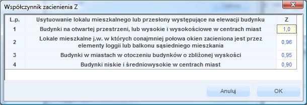 Opis obliczeń sezonowego zapotrzebowania na chłód na cele chłodzenia i wentylacji F h korekcyjny współczynnik zacienienia otoczeniem, wpisywany ręcznie lub wybierany przez użytkownika z podpowiedzi