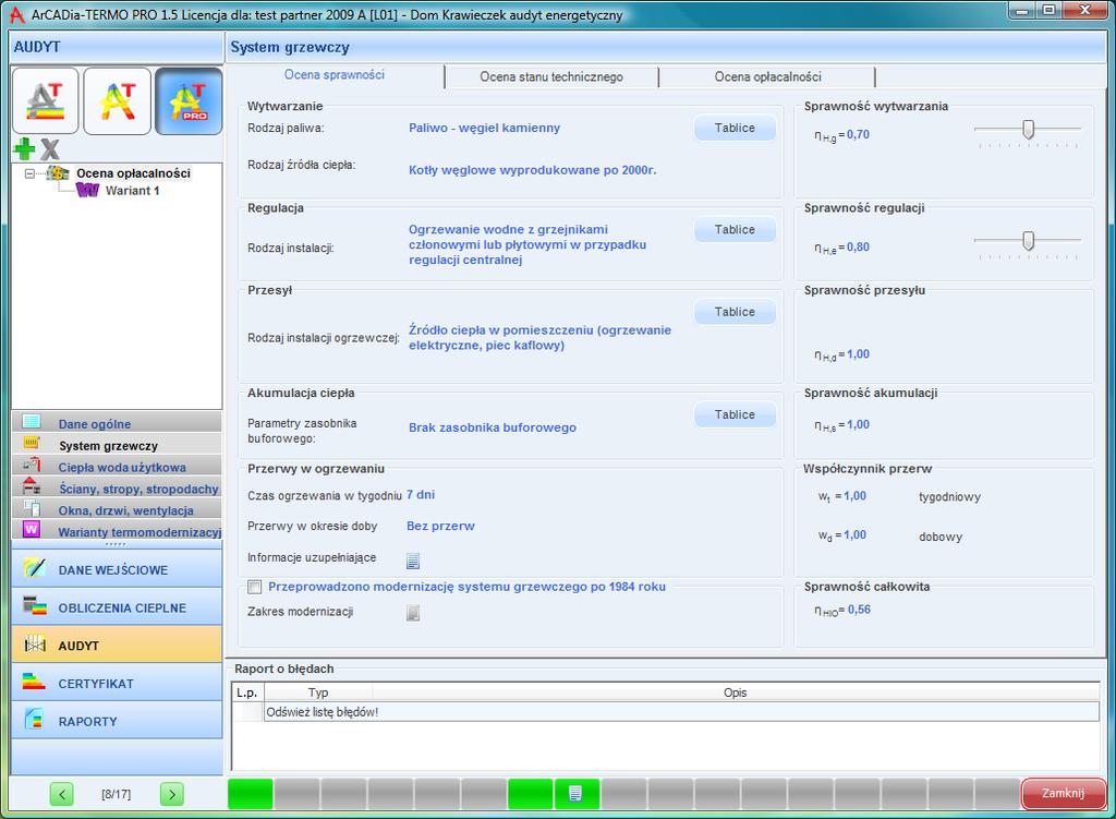 Praca z modułem Audyt Rys 300. Okno System grzewczy wg Rozporządzenia MI z 27.03.