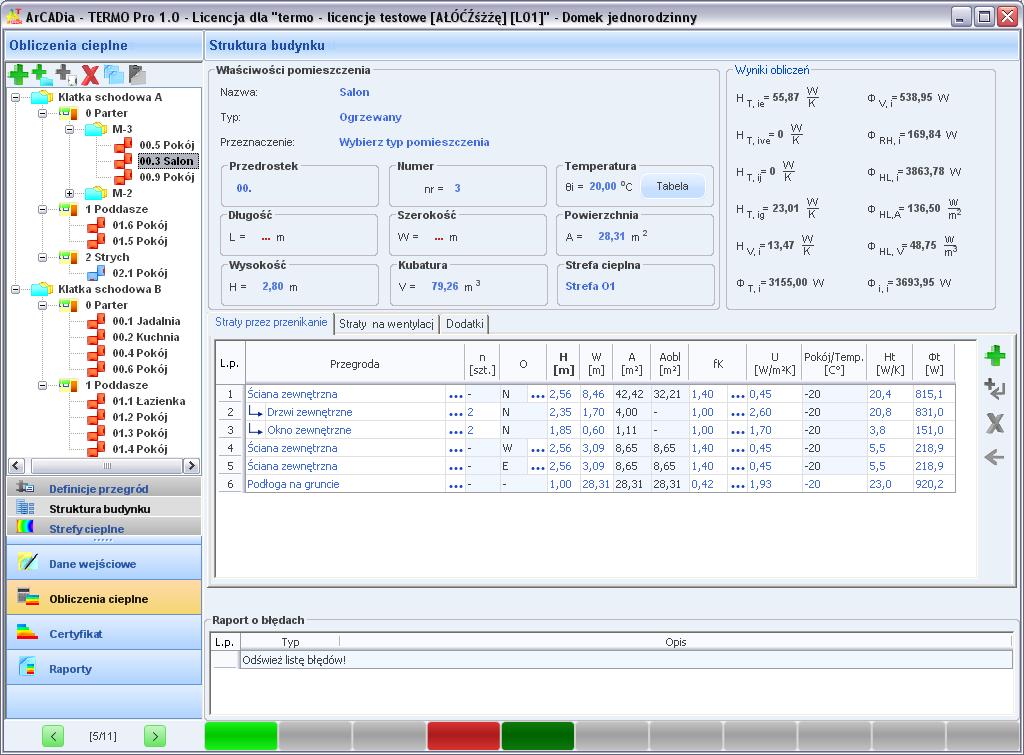 Opis obliczeń strat ciepła w pomieszczeniu 5.1 WYGLĄD OKNO OBLICZEŃ ZAPOTRZEBOWANIA NA CIEPŁO POMIESZCZEŃ (STRUKTURA BUDYNKU) Okno to służy do obliczeń zapotrzebowania na ciepło pomieszczeń.