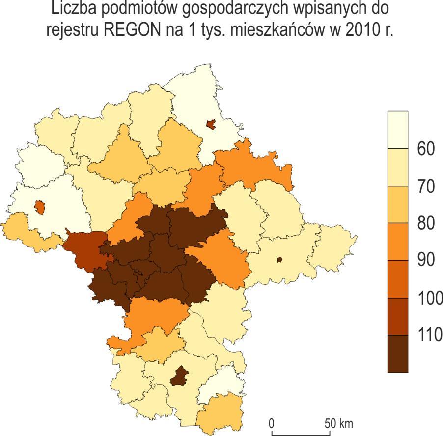 Mapa 1. Liczba podmiotów gospodarczych wpisanych do rejestru REGON na 1 tys. Mieszkańców (2010) Źródło: GUS, Bank Danych Lokalnych. Tabela 1.