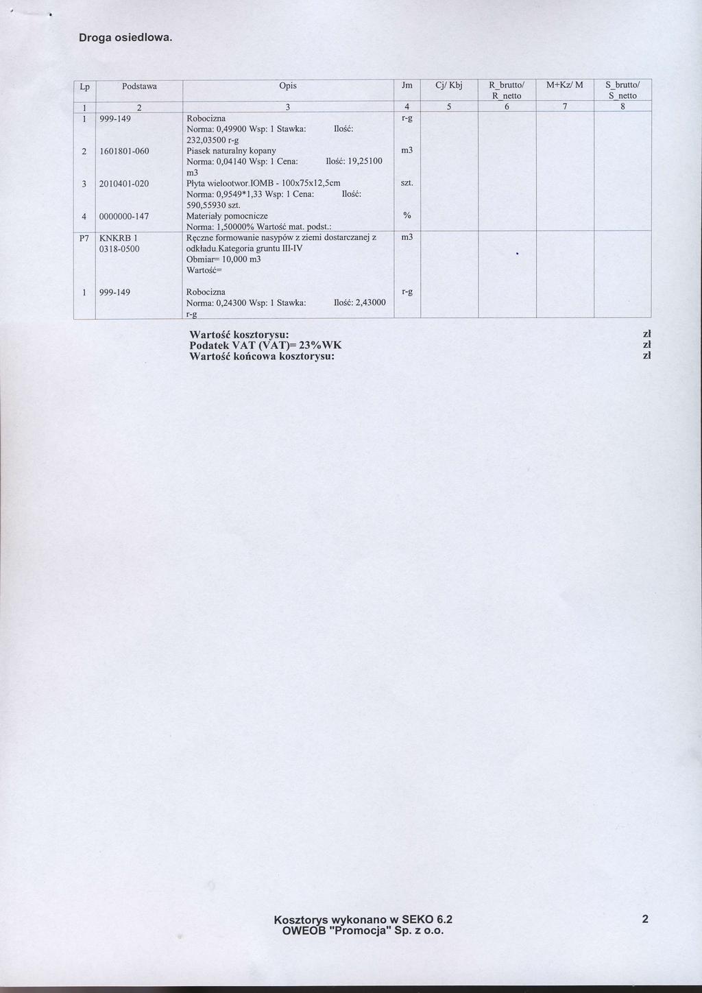 Lp Podstawa Opis m cy' Kbj R_brutto/ M+Kzl M S_brutto/ R neifn S netto 3 ) 6 7 8 Robocizrra Norma:,499 Wsp: I Stawka: 11o66: 3,35 I618l-6 Piasek naturalny kopany Norma:,414 Wsp: I Cena: Iloi6: 19,51