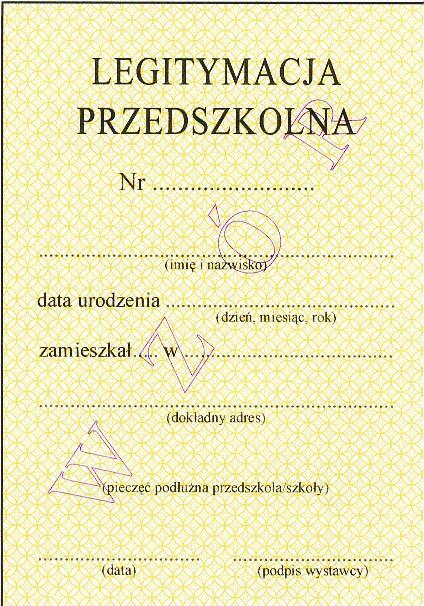 Wzór nr 11a do 20i 29 LEGITYMACJA PRZEDSZKOLNA DLA DZIECKA NIEPEŁNOSPRAWNEGO Karton Tło żółte pantone nr 123 C