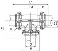 90230-80-110 - Trójnik równoprzelotowy Nr katalogowy D B C1 C2 E L1 L2 CH1 90230 80 80 91 109 54,5 145 291,5