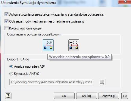 1. Otwórz pozycję Piston.iam 2. Wybierz z drzewa wyboru poziomego Środowisko następnie Symulacja Dynamiczna 3. Wybierz Ustawienia Symulacji 4.