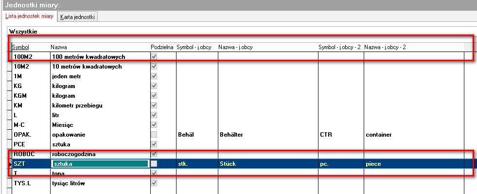 E2. Lista jednostek miary.