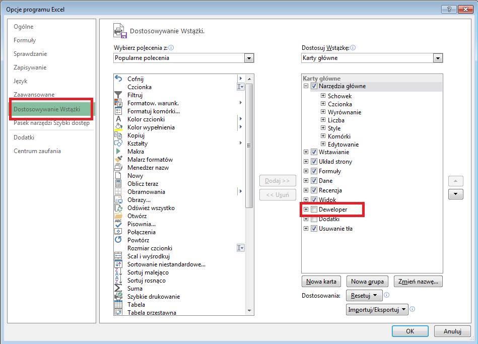 Po kliknięciu OK karta DEWELOPER zostaje wyświetlona na końcu Wstążki, będzie widoczna przy kolejnych uruchomieniach Excela. Musimy jeszcze zdecydować się na odpowiedni poziom zabezpieczeń.