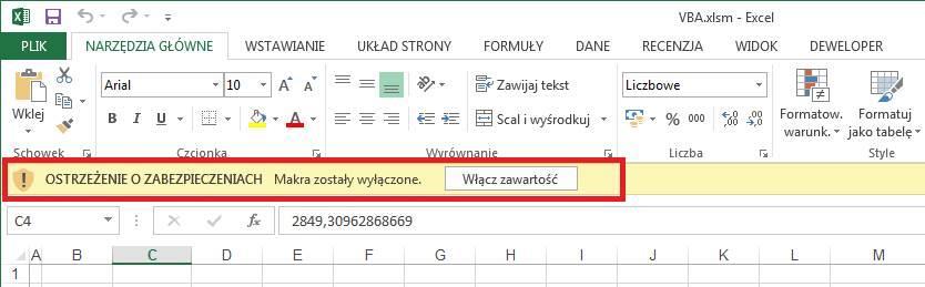 Wyłącz wszystkie makra i wyświetl powiadomienie Excel każdorazowo wyświetli informacje o tym, że makra zostały wyłączone i pozwoli je nam włączyć, opcja niezalecana przeze mnie,