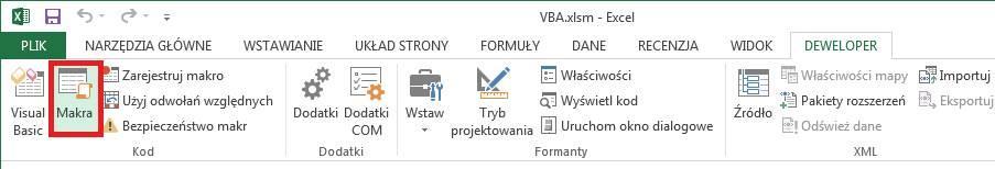 Wyświetlone zostanie okno Makro, w którym wybieramy makro, jakie chcemy uruchomić. (Lista dostępnych makr będzie inna u każdego użytkownika.