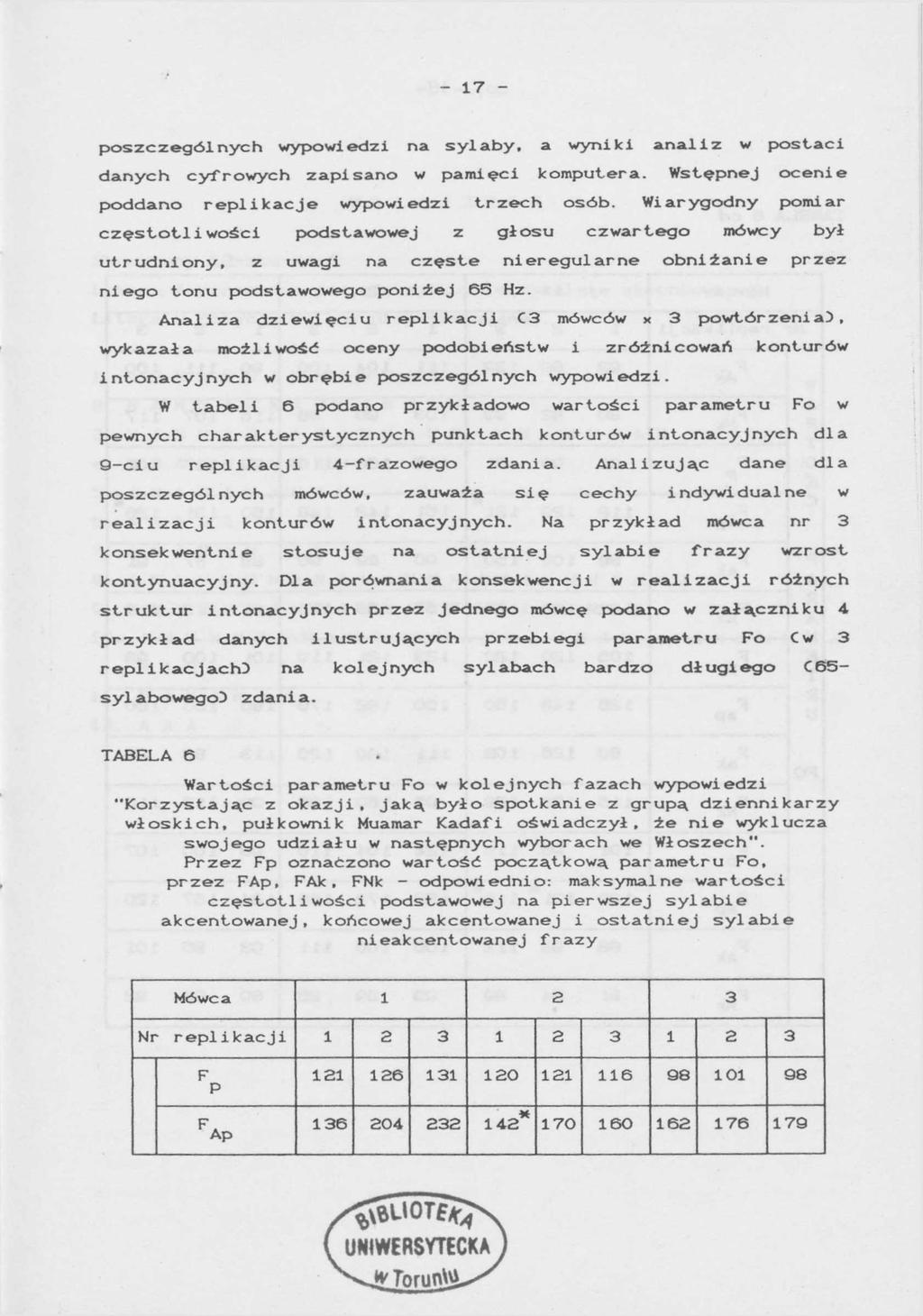 - 17 - poszczególnych wypowiedzi na sylaby, a wyniki analiz w postaci danych cyfrowych zapisano w pamięci komputera. Wstępnej ocenie poddano replikacje wypowiedzi trzech osób.