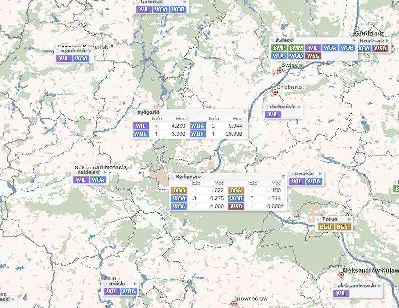Poniżej przedstawiona jest mapa odnawialnych źródeł energii opublikowana przez URE (Urząd Regulacji Energetyki)- stan na 31.12.2011 r. na której wskazane są moce zainstalowane w [MW].