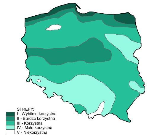 Rys. 15. Mapa stref energetycznych wiatru w Polsce Źródło: Ośrodek Meteorologii IMGW Polska należy do krajów średnio zasobnych w energię wiatru.