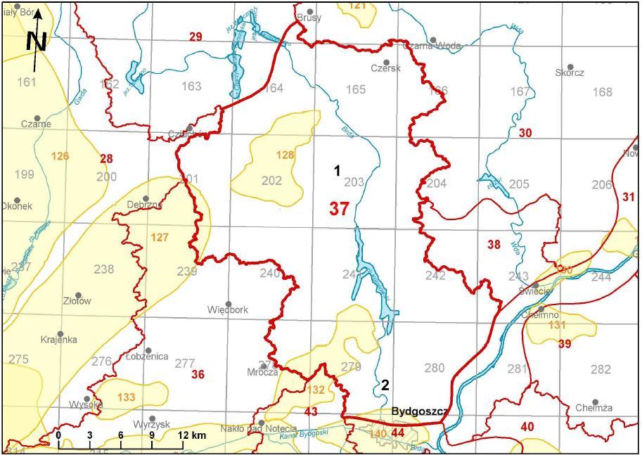 Rys. 7. Lokalizacja Jednolitych Części Wód Podziemnych i Głównych Zbiorników Wód Podziemnych w okolicach Koronowa Obszar JCWPd 37 obejmuje zlewnie Brdy.