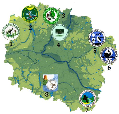 Legenda: 1 Krajeński Park Krajobrazowy 2 Tucholski Par Krajobrazowy 3 Wdecki Park Krajobrazowy 4 Zespół Parków Nadwiślańskiego i Chełmińskiego 5 Brodnicki Park Krajobrazowy 6 Górznieńsko-Lidzbarski