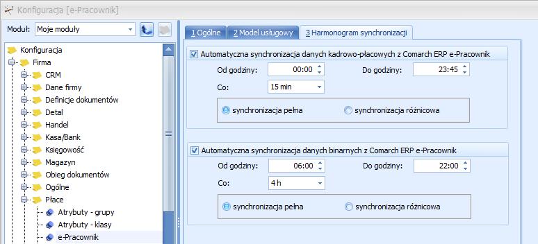 5 Harmonogram synchronizacji usługi Po uruchomieniu usługi w Konfiguracji > Firma > Ogólne > e-pracownik pojawi się zakładka Harmonogram synchronizacji, gdzie należy uruchomić okresową wymianę danych