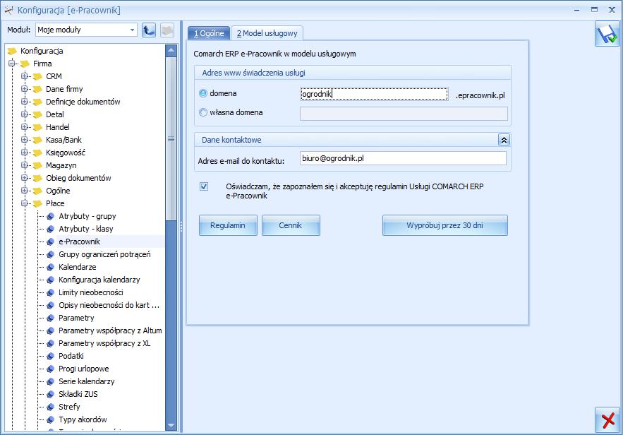 3 Zamawianie usługi W celu zamówienia usługi należy w bazie danych Comarch ERP Optima / XL HR / Altum HR wejść do Konfiguracji > Firma > Płace > e-pracownik.