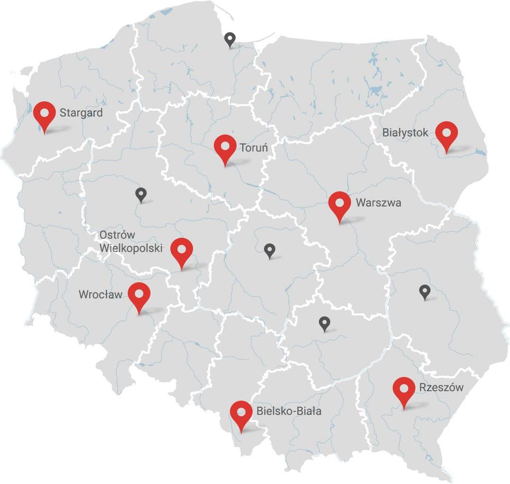 2017 Największa polska firma w branży - 8 oddziałów: - Toruń - Białystok - Rzeszów - Bielsko-Biała - Stargard - Warszawa - Ostrów Wielkopolski - Wrocław