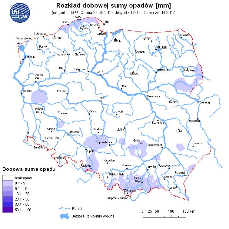 Ryc. 2. Rozkład dobowej sumy opadów Dorzecze Wisły OPIS SYTUACJI HYDROLOGICZNEJ z godz. 08:00 (cz. urzędowego) Stan wody w dorzeczu Wisły układa się głównie w strefie wody średniej i niskiej.