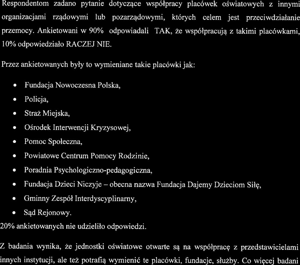 lub pozarządowymi, których clm jst przciwdziałani przmocy. Ankitowani w 9% odpowiadali TAK, ż współpracują z takimi placówkami, 1% odpowidziało RAZEJ IE.