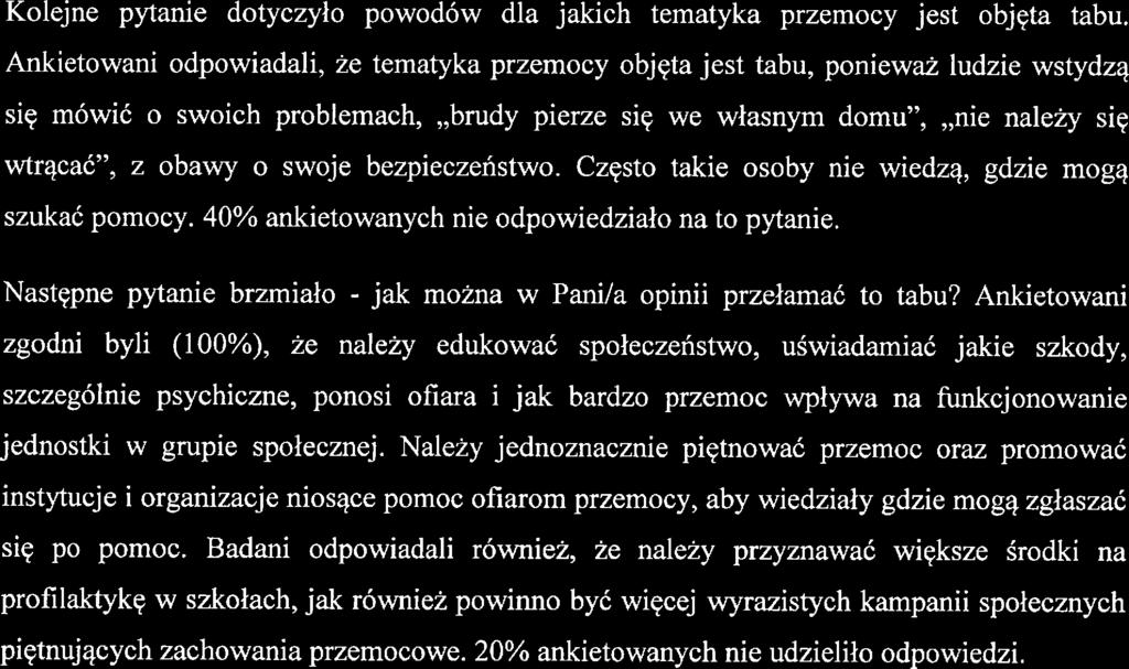 Ankitowani zgodni byli(1%), ż nalży dukować społczństwo, uświadamiać jaki szkody, szczgólni psychiczn, ponosi ofiara i jak bardzo przmoc wpływa na funkcjonowani jdnostki w grupi społczną.