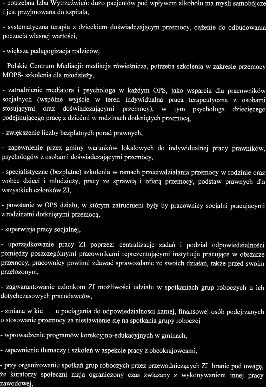 - potrzbna Izba Wytrzźwiń: dużo pacjntów pod wpływm alkoholu ma myśli samobójcz i jst przgmowana do szpitala, - systmatyczna trapia z dzickim doświadczającym przmocy, dążni do odbudowania poczucia