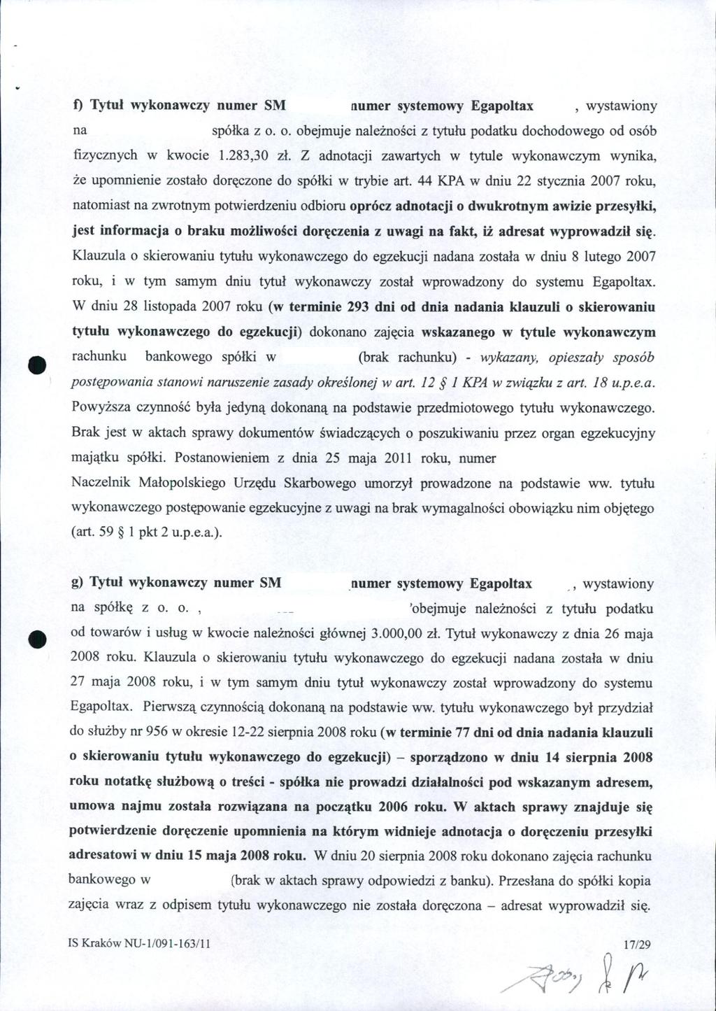 f) Tytuł wykonawczy numer SM numer systemowy Egapoltax, wystawiony na spółka z o. o. obejmuje należności z tytułu podatku dochodowego od osób fizycznych w kwocie 1.283,30 zł.